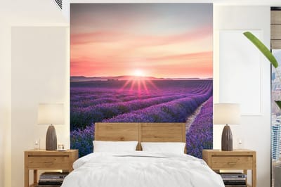 Behang - Fotobehang Lavendel - Paars - Bloemen - Lucht - Breedte 205 cm x hoogte 280 cm