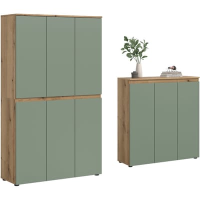 Universele kast in rookgroen en eiken - 22 schappen en kleiderstang - 175x175x37 cm