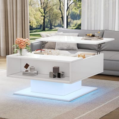 Salontafel - 80x75x40cm - Hydraulische Lift Salontafel Geometrisch - Opbergruimte - Hoogglans - Wit
