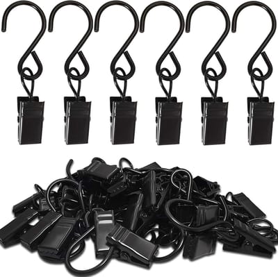 RVS S-haken gordijnclips, 50 stuks, hangende feestverlichtingsclips, hangers, foto's voor dakgoten, kunst- en knutseldisplay, 2,4 inch lang, zwart