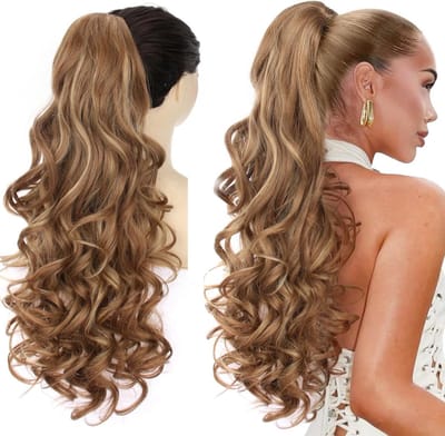 Lange Krullende Ponytail Haarstuk met Klem, 26 Inch, Lichtbruin met Highlights voor Vrouwen - Perfect voor Feestjes en Dagelijks Gebruik