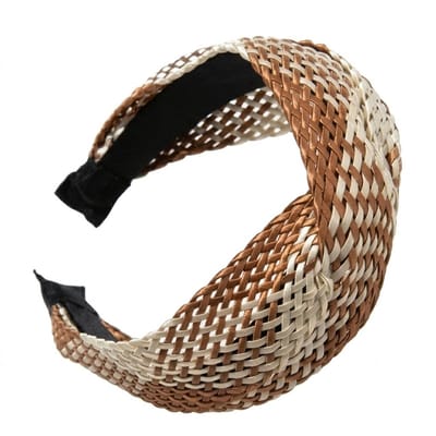 Bruin beige gevlochten haarband – dames diadeem in rotanlook – brede haaraccessoire met kruismotief
