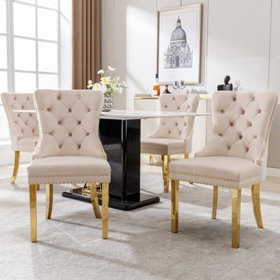Eetkamerstoel - Set Van 4 - Beige - Fluweelachtig materiaal - Metalen Poten - Eetkamerstoelen - Verstelbare voetjes - Keukenstoel - Draagvermogen 150KG - Scandinavisch Design