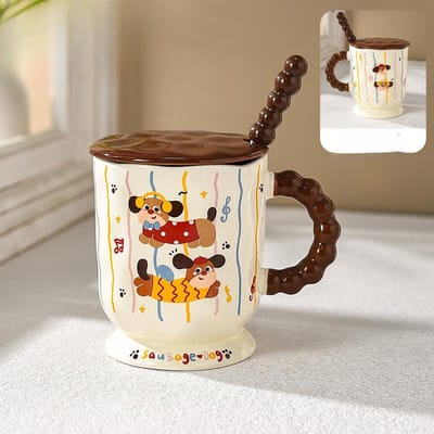 Mug Chien Teckel pour Enfants Tasse Mignonne Filles Bureau avec Couvercle et Cuillère Tasse à Boire Ménagère Cadeau d'Anniversaire 400ml