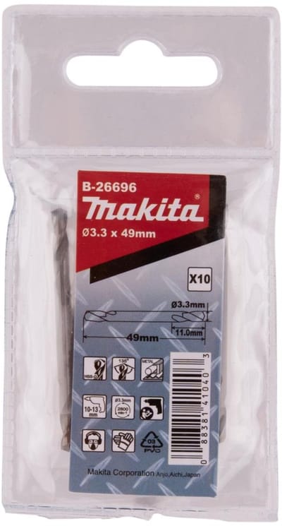 Makita HSS-G dubbele boor, 3,3 x 49 mm, 10 st. HSS-G - 10 stuks - 3,3 mm x 49 mm