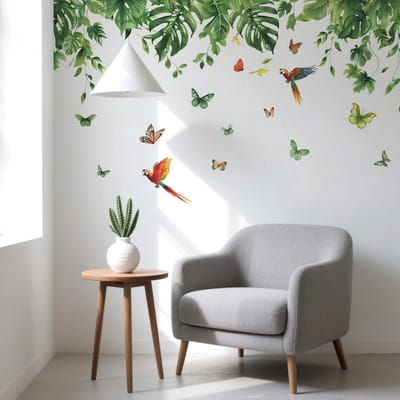 Tropische Bladeren Muurstickers met Vogels en Vlinders voor Kinderkamer, Woonkamer en Slaapkamer Decoratie, Natuurlijke Wanddecoratie met Groene Planten en Hangende Klimop