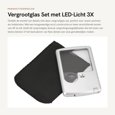 Dailygoods - Vergrootglas Set met LED-Licht - 3X en 6X Lens - Draagbaar en Krasbestendig - Inclusief Lederen Tas - Ideaal voor Senioren en Hobbyisten