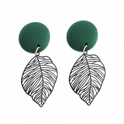 Clip oorbellen -groen- hout -zwart -filigraan- boomblad-geen gaatje- Charme Bijoux