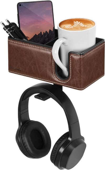 Bekerhouder bureau - Pennenhouder clip - Bureau organiseren - Draaibare klemhaak - 7.6x5.1x8.4cm - Bruin
