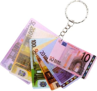 sleutelhanger eurobiljetten 6,5 x 4 cm 6-delig