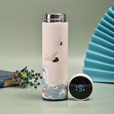 1pc Chinese stijl thermische waterfles, retro slimme temperatuurweergave geïsoleerde beker, roestvrijstalen waterbeker 500ml beige