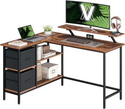 Hoppa! Computerbureau - Rustiek Bruin - Spaanplaat, Staal, Niet-Geweven Stof, Polykatoenstof - 105 x 135 x 89 cm (B x D x H)