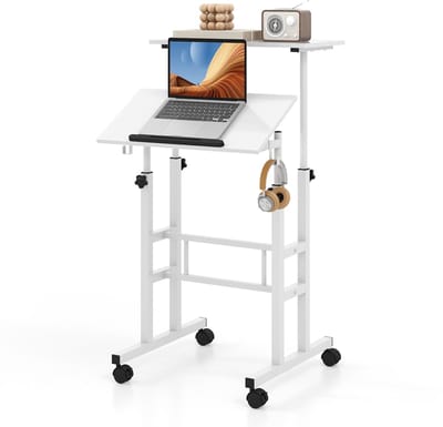 COSTWAY Sta-bureau, in hoogte verstelbaar, mobiele computertafel met wielen, kantelbaar tafelblad en 2 haken, bureau, state-zittafel, laptoptafel voor thuis, kantoor (wit)