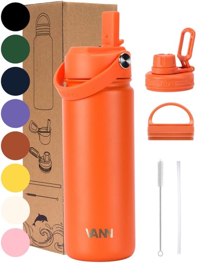 VANN® 3-Wandige RVS Waterfles 500 ML met rietje voor volwassenen – Met 5 accessoires – bidon – 24 uur koud/12 uur warm – Oranje – VANN Ultimate Bottle®