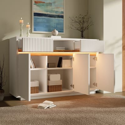 MODENUIT Dressoir - Met LED, 2 Lades En 3 Deuren - Voor Woonkamer, Hal Of Keuken - Hout - 140x40x85 Cm - Wit