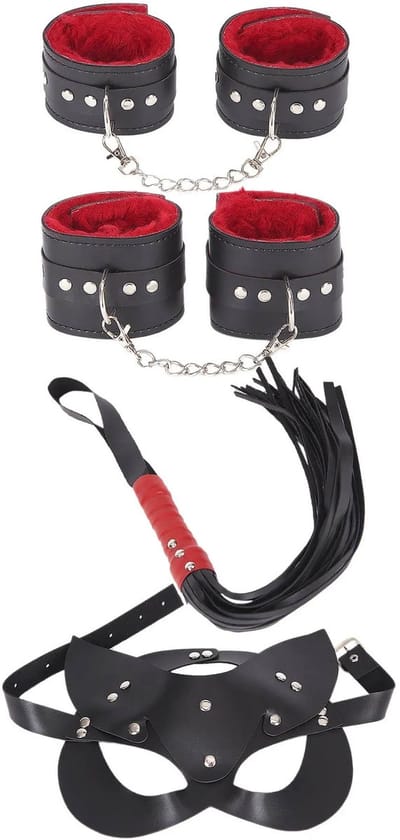 Zwarte kunstlederen accessoire set met masker, armbanden en zweep - handgemaakt voor themafeesten, carnaval en verkleedpartijen