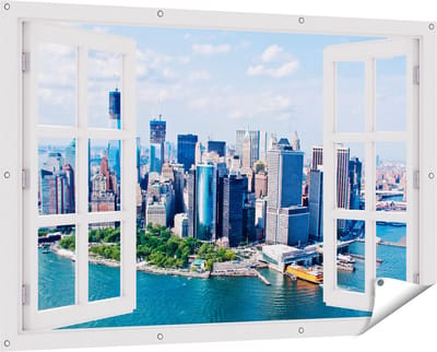 Gards Tuinposter Doorkijk New York Als een Eiland vanuit de Lucht - 150x100 cm - Tuindoek - Tuindecoratie - Wanddecoratie buiten - Tuinschilderij