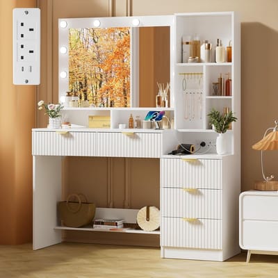 Kaptafel met spiegel - Make-up tafel - Sieraden opbergen - 3 lichtmodi - 114x40x149cm - Wit