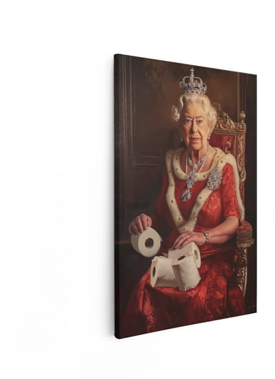 Artaza Canvas Schilderij Queen Elizabeth Met Toiletpapier - 20x30 cm - Wanddecoratie Toilet Grappig - Muurdecoratie Portret - Schilderijen Op Canvas