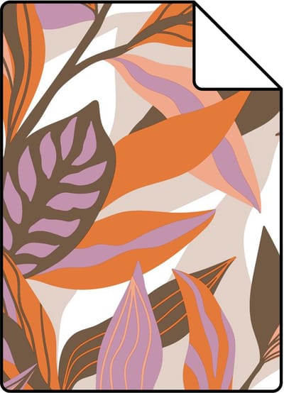 Proefstaal ESTAhome behang tropische bladeren oranje, paars en roze - 26.5 x 21 cm - 131042-S