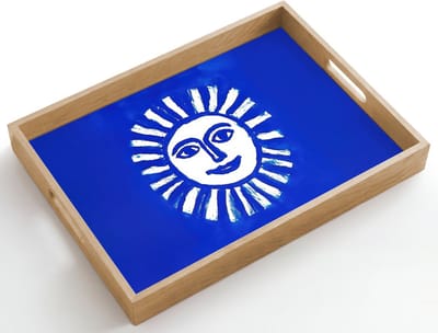 Dienblad hout 50x35 cm - Schootdienblad - Zon - Gezicht - Penseelstructuur - Blauw - Borrelplank rechthoek - Plateau dienbladen