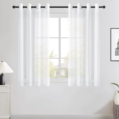 Witte Linnen Effect Gordijnen met Oogjes voor de Woonkamer, 140 x 120 cm, Semi-Transparant, Set van 2, Ideaal voor Privacy en Lichtinval