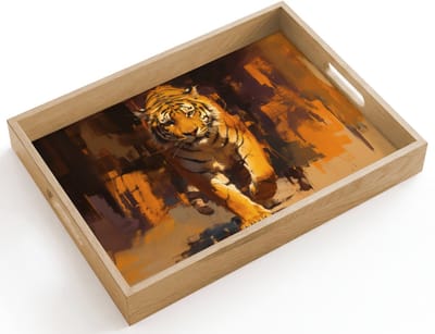 Dienblad hout 40x30 cm - Schootdienblad - Tijger - Geschilderd - Oranje - Penseelstreken - Borrelplank rechthoek - Plateau dienbladen