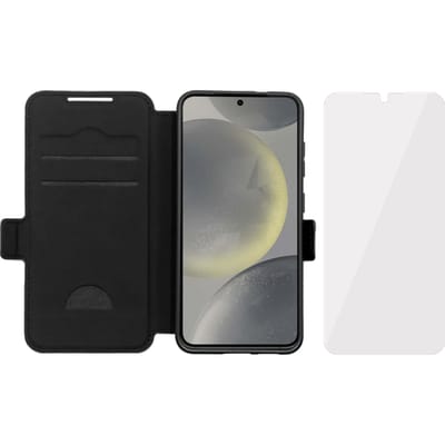 BlueBuilt Samsung Galaxy S25 Book Case Leer Zwart + BlueBuilt Screenprotector Glas