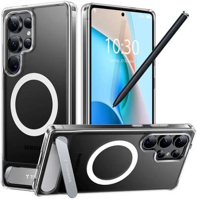 TORRAS Hoesje Geschikt voor Samsung Galaxy S25 Ultra - UPro Pstand Spin - Compatibel met MagSafe / Qi2 - 360° Draaibare Magnetische Standaard - Back Cover Transparant