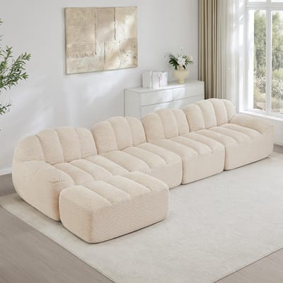 BLACKCOLORS Modulaire 4-zitsbank met 1 chaise longue, schelpvorm, Boneless-bank met 32D-schuim met hoge dichtheid, diepe zitting, ideaal voor de woonkamer, zachte stof, Beige Wit