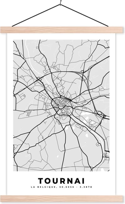 Posterhanger incl. Poster 40x60 cm - Schoolplaat - Stadskaart – Plattegrond – België – Zwart Wit – Tournai – Kaart - Textielposter - Blanke latten - Stadskaart