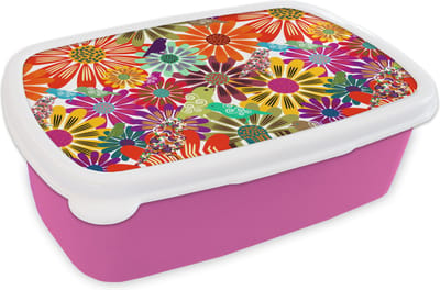 Broodtrommel Roze - Lunchbox - Brooddoos - Regenboog - Bloemen - Patronen - Hippie - 18x12x6 cm - Kinderen - Meisje
