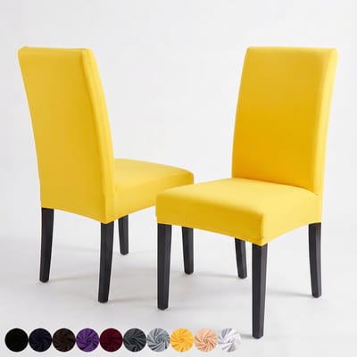 Qelus Stretch Eetkamerstoel Hoezen - Set Spandex Stoelhoes met Bloemen & Ruitpatroon - Afneembare Stoelbeschermer voor Woonkamer, Bruiloft & Feest Banket - Geel - 1 Stuk