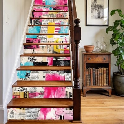 15 stuks zelfklevende krantencollage trapstickers, waterdichte vinyl trapbekleding, decoratieve folie voor traptreden en vloeren, 100 x 18 cm