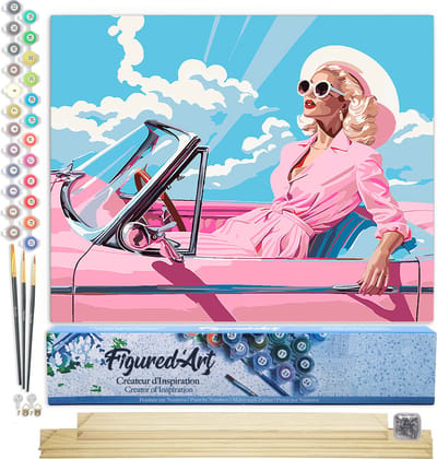 Figured'Art Schilderen op Nummer Volwassenen canvas Diva in een Roze Retro Auto- Handwerk acrylverf Kit DIY Compleet - 40x50cm met DIY houten lijst