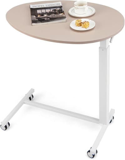 COSTWAY Bijzettafel in hoogte verstelbaar, laptoptafel met wieltjes, 74-108 cm, mobiel bureau, banktafel voor woonkamer, slaapkamer, kantoor, roze + wit