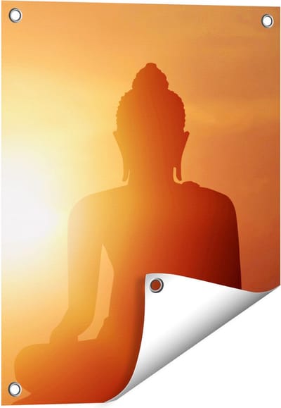 Gards Tuinposter Silhouet van een Boeddha Beeld met Zonsondergang - 40x50 cm - Tuindoek - Tuindecoratie - Wanddecoratie buiten - Tuinschilderij