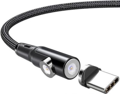DrPhone LRM Series 2 in 1 USB Magnetische USB C Oplaadkabel 2.4A- Nylon Gevlochten – Dubbele oplaadfunctie met LED licht – 90 ° L-vorm en 360 ° Roterende Magnetische kop Zwart – 1M