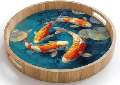 Dienblad rond 40x40 cm - Schootdienblad hout - Vissen - Waterlelies - Oranje - Water - Borrelplank rechthoek - Plateau houten dienbladen