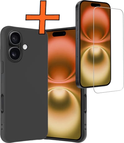 Hoes - Met Screenprotector - Geschikt voor Apple iPhone 16 - Sterk & Shockproof - Back Cover - Siliconen Case - Telefoon Hoes - Zwart