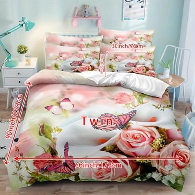 3-delige Dekbedovertrekset, Beddengoedset met Rozenbloem- en Vlinderprint, Zachte Comfortabele Ademende Dekbedovertrek met Kussensloop Eu Single135x200cm white