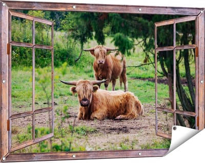 Gards Tuinposter Doorkijk Twee Schotse Hooglanders in de Bossen - 120x80 cm - Tuindoek - Tuindecoratie - Wanddecoratie buiten - Tuinschilderij