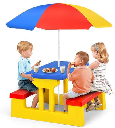 KOMFOTTEU Picknicktafel, set van tafel en stoelen voor kinderen, met inklapbare parasol, voor tuin, terras, park, kinderen vanaf 3 jaar