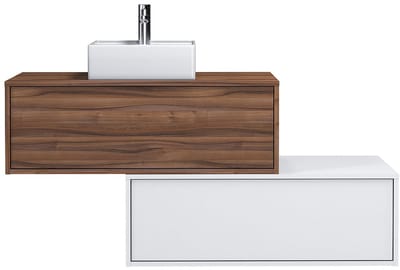 Vente-unique Donker naturel en wit zwevend badkamermeubel met enkele wastafel en twee lades - 94 cm - TEANA II