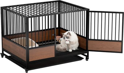 BingoPaw Luxe Kattenkooi met Zwenkwielen - Stapelbaar & Ruimtebesparend - Robuust Metaal & Antraciet Houtlook - Voor Kittens & Volwassen Katten - 83x65.5x65cm
