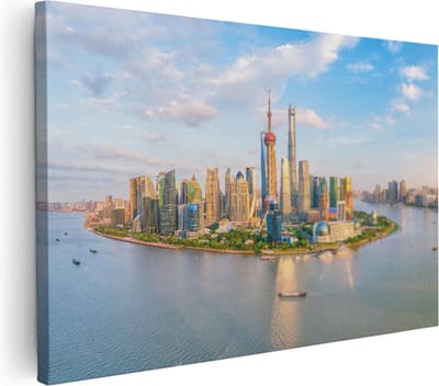 Artaza Canvas Schilderij Stad - 30x20 cm - Klein - Wanddecoratie Skyline Shanghai - Muurdecoratie Rivier - Kamer Accessoires