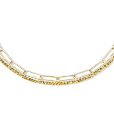 Zilveren Dubbele Halsketting| 14K Gold Plated |Paperclip & Koordschakel|Verstelbaar 41+4 cm|Jonline