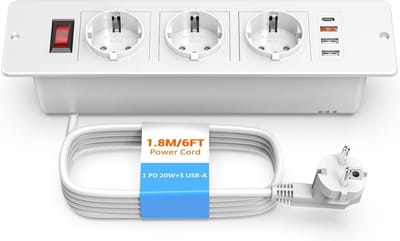 StayPowered Inbouw Tafelstopcontact - Slim & Ruimtebesparend - 3-Voudig Stopcontact - USB C PD 20W - 3 USB-A Poorten - Met Schakelaar - Eenvoudige Installatie - Wit - Levering Sneller dan Aangegeven!