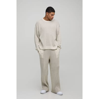 Heren Relaxte Boxy Geribbelde Gebreide Trui | Stone | Size Medium