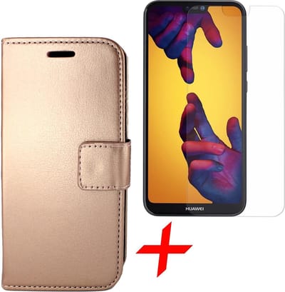 Hoesje geschikt voor Huawei P20 Lite - Kunstlederen Book Case Rose Goud + Screenprotector Gehard Glas - van iCall